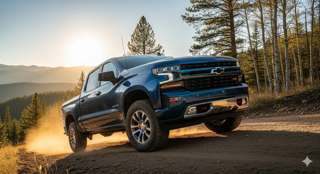 A Chevy Silverado 2FL with the Z71 Off-Road package on a dusty road, with a mountain and forest landscape in the background.