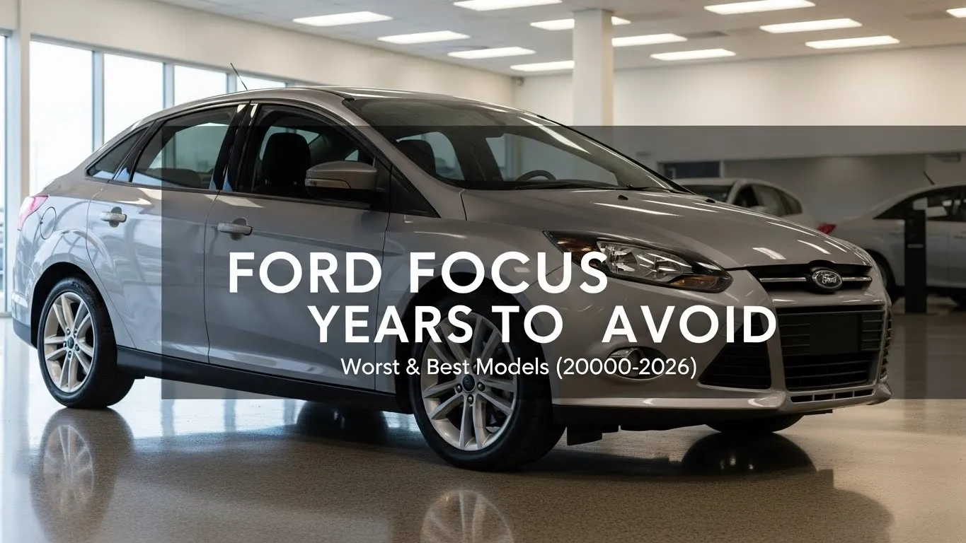 Ford Focus sedan in showroom with article title Years to Avoid Worst and Best Models 2000-2026