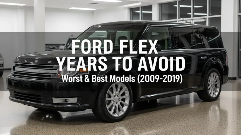 Ford Flex crossover SUV in showroom with article title Years to Avoid Worst and Best Models 2009-2019