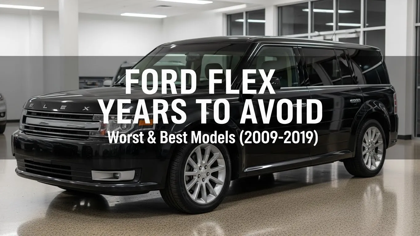 Ford Flex crossover SUV in showroom with article title Years to Avoid Worst and Best Models 2009-2019