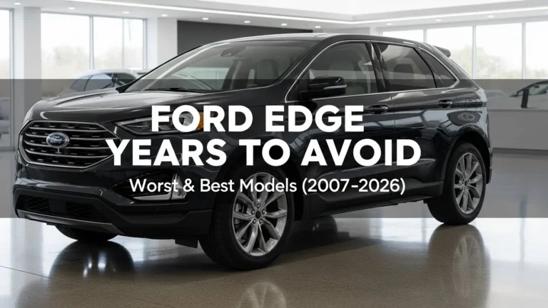Ford Edge SUV in showroom with article title Years to Avoid Worst and Best Models 2007-2026