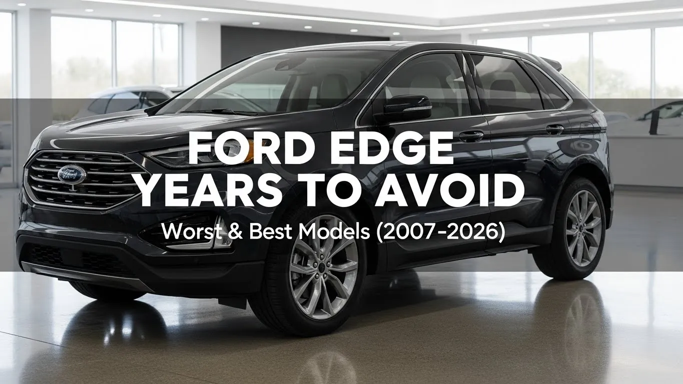 Ford Edge SUV in showroom with article title Years to Avoid Worst and Best Models 2007-2026